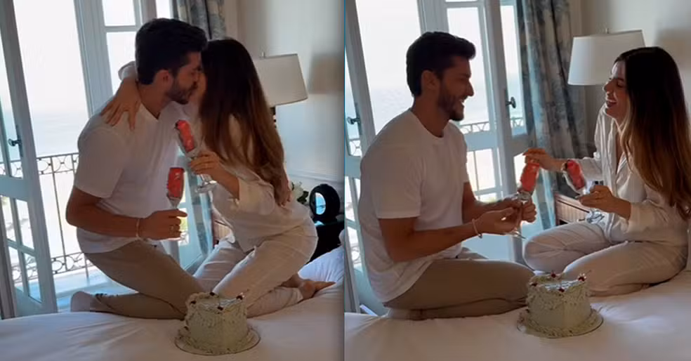 Camila Queiroz e Klebber Toledo anunciam sexo do bebê em chá revelação intimista